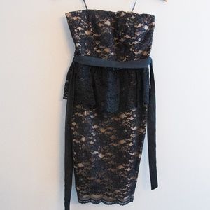 Black Nude Lace Peplum Strapless Dress